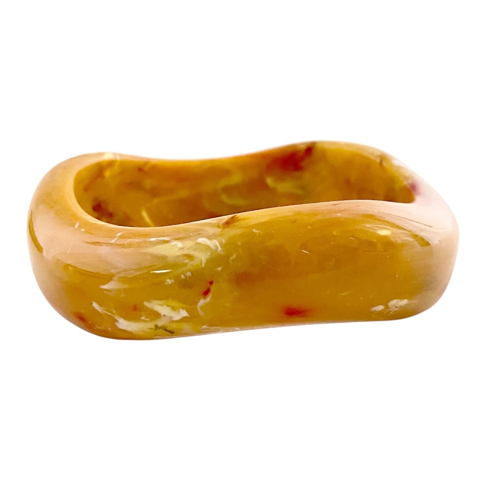 Vintage Marbled Lucite Bangle Bracelet Yellow Orange Got Swirl Wavy Edge Retro